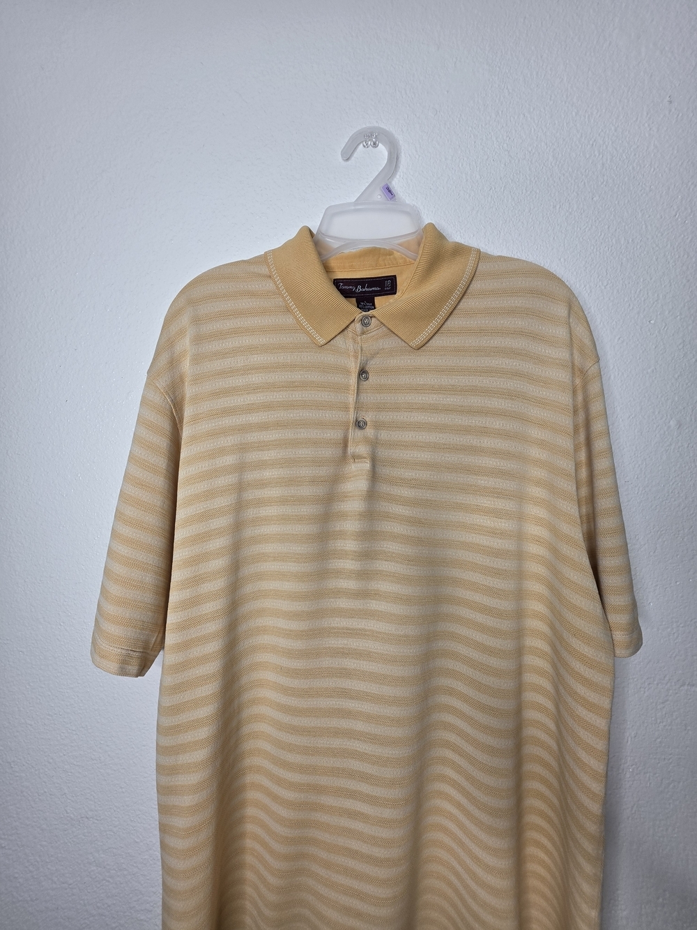 Tommy Bahama 18 Golf Mens L Yellow Beige Striped Short Sleeve Polo Palm Tree - Picture 3 of 15